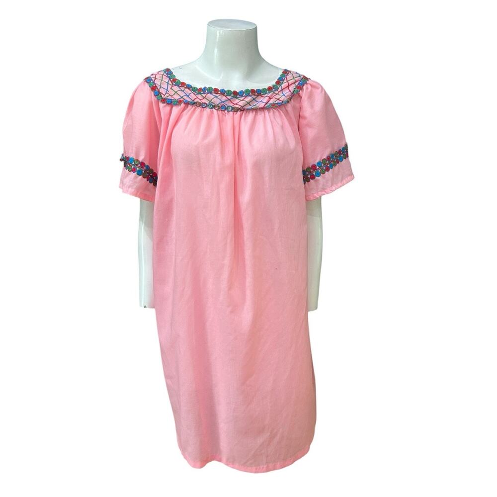 Vintage 70s Pink Embroidered Mexican Blouse Dress Boho Oaxaca Tunic -